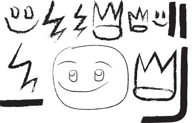 Hand drawn collection of quirky smiley faces lightning bolts and crowns in a sketch art style