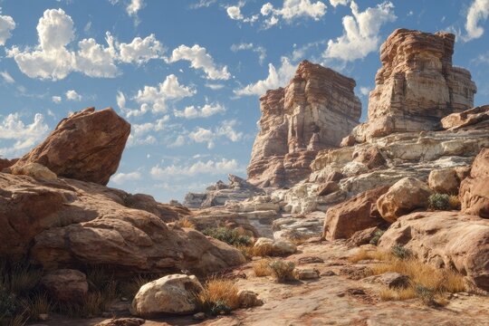 Desert Majesty - Towering Red Rock Formations Under a Cloudy Blue Sky, Utah Landscape.