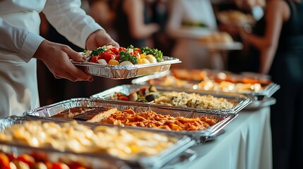 Catering buffet food service for event party celebration with delicious menu options and presentation style