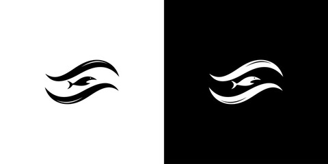 Obraz premium Minimalist black and white logo featuring flowing waves and a fish silhouette, ideal for branding