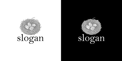 Logo design featuring a stylized nest with the word 'slogan' beneath it, set against contrasting backgrounds