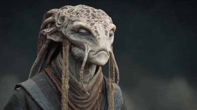 Video animation. Photo-realistic portrait of a clothed sentient alien eldritch hybrid with lifelike textures, cinematic lighting, and surreal realism