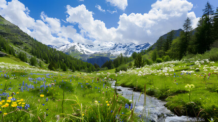 Alpine Meadow with Wildflowers and Stream