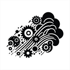 Gears turning with steam clouds vector silhouette  outline logo design concept illustration