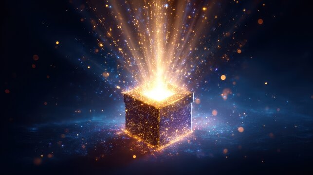 Ethereal Cube Emitting Radiant Golden Light and Sparkling Particles in Cosmic Nebula.