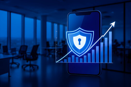 Mobile Cybersecurity Growth &mdash; Shield Lock with Rising Chart