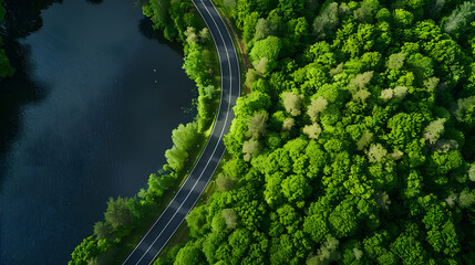 AerialViewRoadThroughForestLake