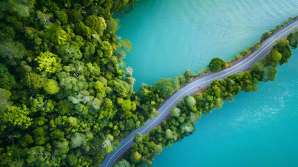 AerialRoadThroughGreenForestLake