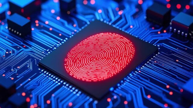 Abstract circuit board technology concept with a vibrant red glowing central processing unit and dynamic blue light reflections.