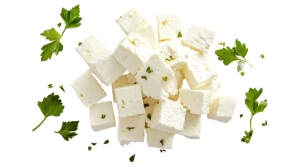 Pile of feta cheese cubes with parsley isolated on transparent background