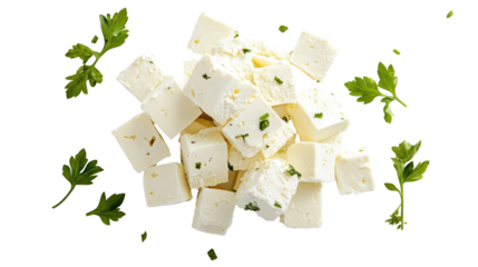 Pile of feta cheese cubes with parsley isolated on transparent background