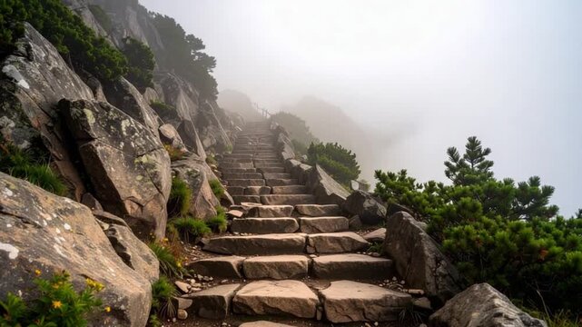 Wide shot of ancient stone steps leading upwards into a dense fog and mystical jungle mountain landscape.