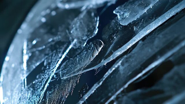 A detailed shot of a frozen piece of ice with intricate patterns and texture