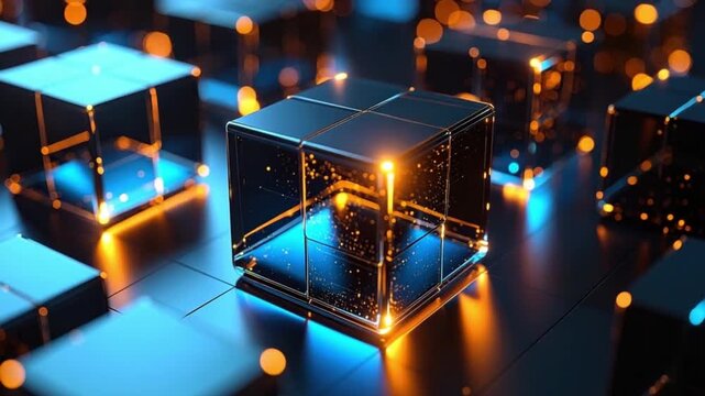 Dynamic digital visualization of interconnected blue cubes displaying abstract fiery orange and black financial data screens.