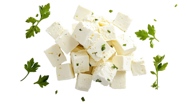 Pile of feta cheese cubes with parsley isolated on transparent background