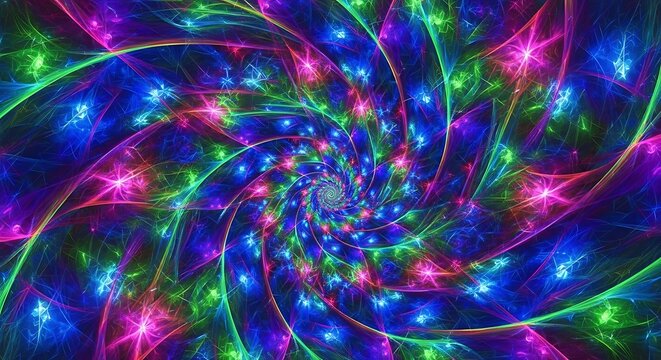 Vibrant fractal kaleidoscope with swirling shapes and radiant colors