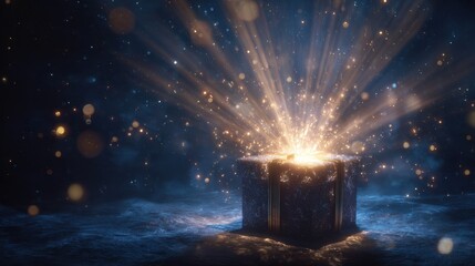 Obraz premium Ethereal Glow Emanating from Ancient Ornate Box, Mystical Light Beams, Sparkles, and Cosmic Dust.