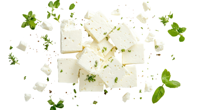 Fresh feta cheese cubes with herbs isolated on transparent background