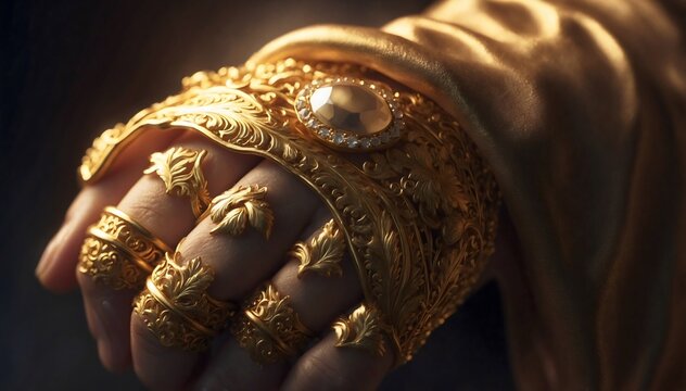 A close-up view of an ornately jeweled hand, resplendent in gold and regalia, embodying opulence, luxury, and affluence, radiating with light and allure.
