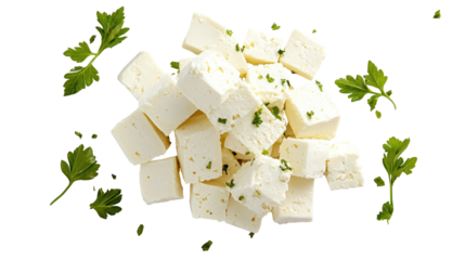 Pile of chopped white cheese with parsley isolated on transparent background