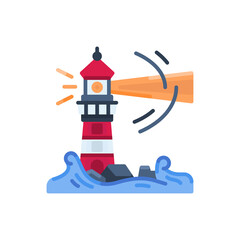 Red And White Striped Lighthouse Emitting Orange Light Beam Across Blue Water And Rocks On A Transparent Background