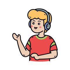 Young Man Wearing Headphones and Red T-Shirt Gesturing Enthusiastically with a Smile and Blond Hair Against a Transparent Background in a Flat Illustration Style