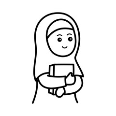 Ramadan Doodle Illustration of a Smiling Young Woman Wearing a Hijab Holding Books With a Transparent Background Black and White Simple Drawing