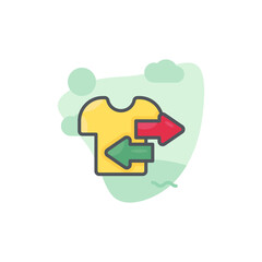 Yellow T Shirt with Green and Red Arrows Showing Exchange or Delivery on a Light Green Background with Simple Clouds and Waves