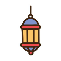 Ramadan Lantern With Blue Top And Red Base Illuminated With Warm Yellow Light Hanging On A String Isolated On White Transparent Background