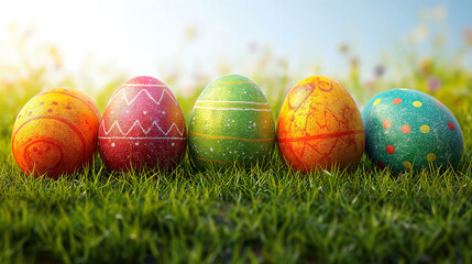 Decorative Easter eggs with vibrant colors on grass