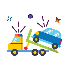 Yellow Tow Truck Hauling Blue Car With Flashing Lights and Stars on Transparent Background