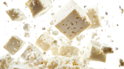 Pieces of white cheese exploding and falling isolated on transparent background