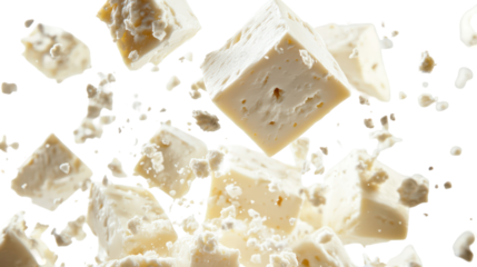 Crumbled feta cheese pieces falling isolated on transparent background