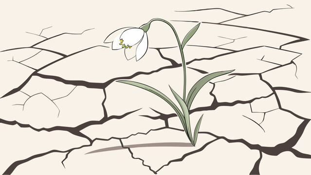 A single delicate flower blooming in cracked earth symbolizing resilience and hope amidst drought conditions.