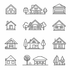 Collection of linear illustrations of various residential houses and buildings with trees and fences, symbolizing real estate and architecture