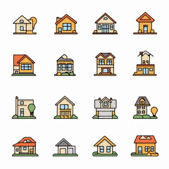 Collection of flat design icons representing various types of houses and buildings