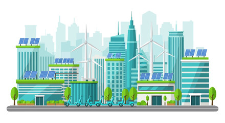 Obraz premium Sustainable Urban Development Concept Featuring Green Buildings, Solar Energy, Wind Power, and Eco-Friendly Transportation in a Modern Cityscape Illustration