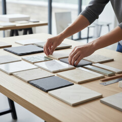 Material Selection: A focused individual carefully assesses an array of samples, poised to make a considered choice for their project. A picture of precision and thoughtfulness.