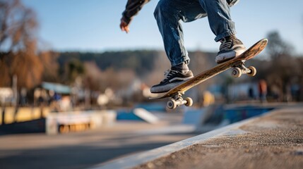 Skateboarder midair performing trick at outdoor skate park in warm sunlight, wearing jeans and sneakers, representing freedom, balance, and energy in urban street sport culture