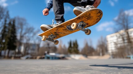 Skateboarder in midair performing jump trick at outdoor skate park on sunny day, showing dynamic street sport action and youthful energy with focus on skateboard movement