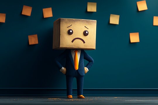 Concept of corporate burnout and stress with a sad businessman character who has a cardboard box head