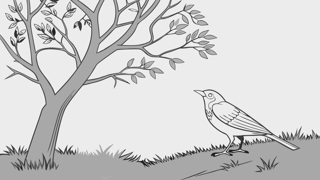 Grey Scale Illustration of Bird Near Tree and Grass.