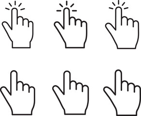 Obraz premium Set of six hand cursor icons indicating a click action on a white background