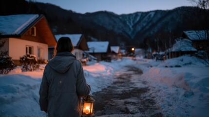 Person in winter coat walking through quiet snowy village at twilight holding glowing lantern, surrounded by cozy wooden houses and distant snow-covered mountains in serene evening atmosphere