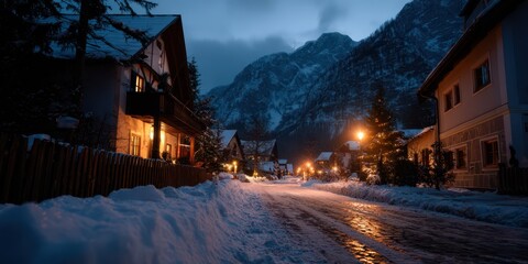 Snow-covered alpine village street at twilight with warm glowing lights from cozy wooden houses and mountains rising in the background, creating a serene and inviting winter evening atmosphere
