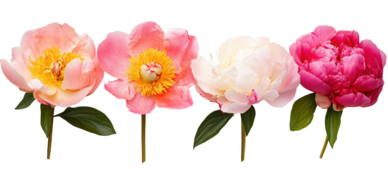 Four peony flowers in various shades of pink and white isolated on transparent background