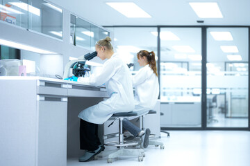 Two researchers conduct a peer review of experimental data. One describes a microscopic observation while the other verifies it against the documented protocol and results on a clipboard.