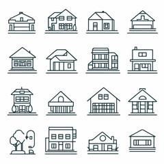 Collection of Various Architectural House Designs and Building Icons
