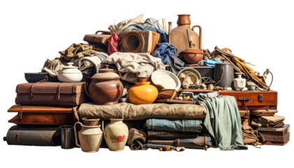 A large, cluttered pile of various antique items, including trunks, dishes, and textiles