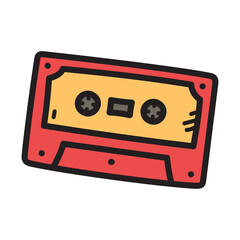 Red retro audio cassette tape with yellow label and black reels on a transparent background
